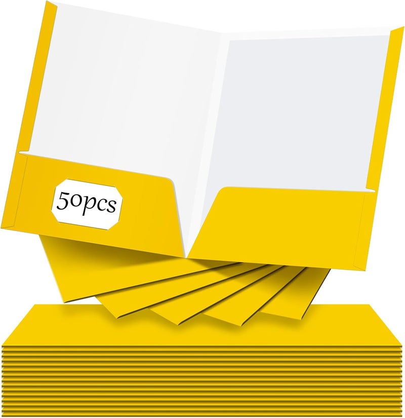 Jutom 50 Pcs 2 Pocket Glossy Paper Folders Glossy Paper Laminated Portfolios, Letter Size, Presentation Folders with Pockets for Office Teacher Worker Supplies(Yellow Color) - Image 1